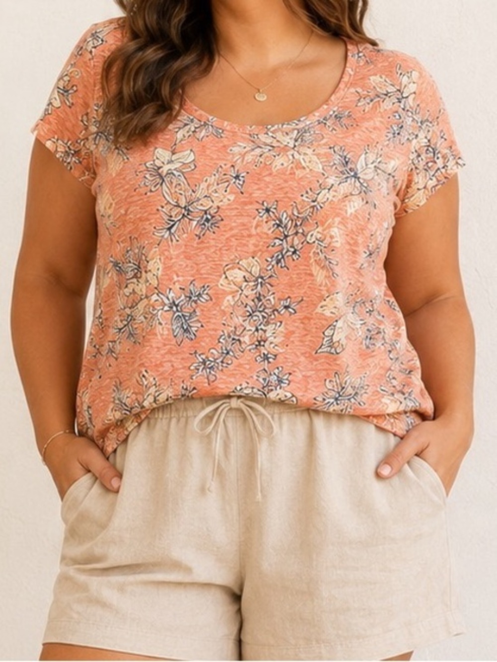 Linen Coastal Chic Boho-Chic Floral Lightweight California Style Top, Size 2X
